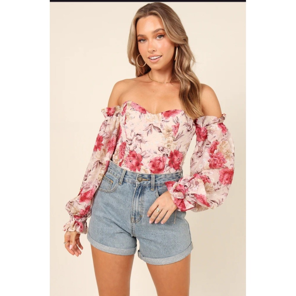 Lulu's Off the Shoulder Floral Bodysuit Pink Red Long Sleeve Sweetheart S